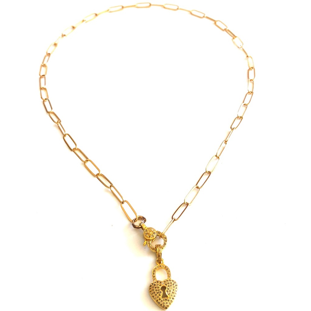 Shop Pave Diamond Heart Lock Charm & Paperclip Chain